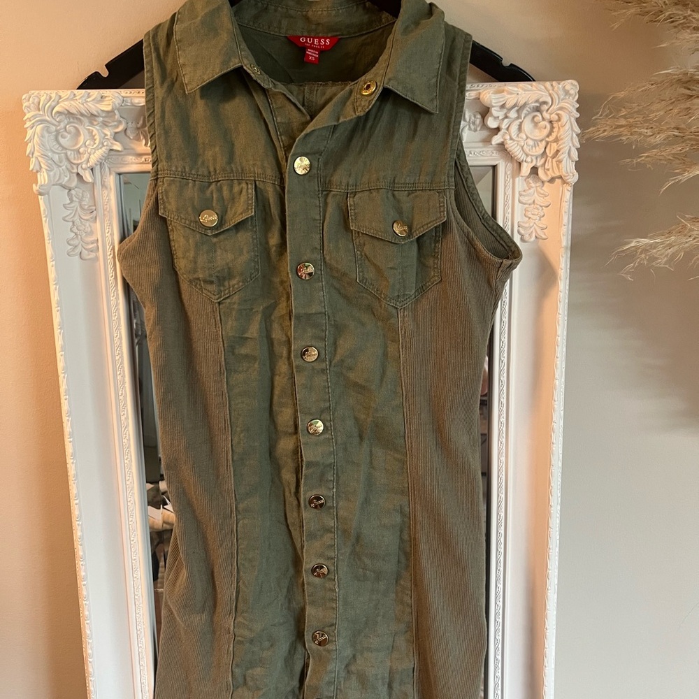 Guess Khaki Green Sleeveless Button-Up Dress